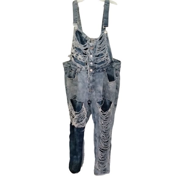 Thrill Denim - Thrill Extremely Distressed Blue Denim Overalls Size 22